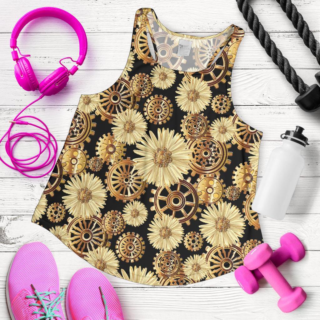 Steampunk Floral Pattern Print Women's Racerback Tank Tops-grizzshop