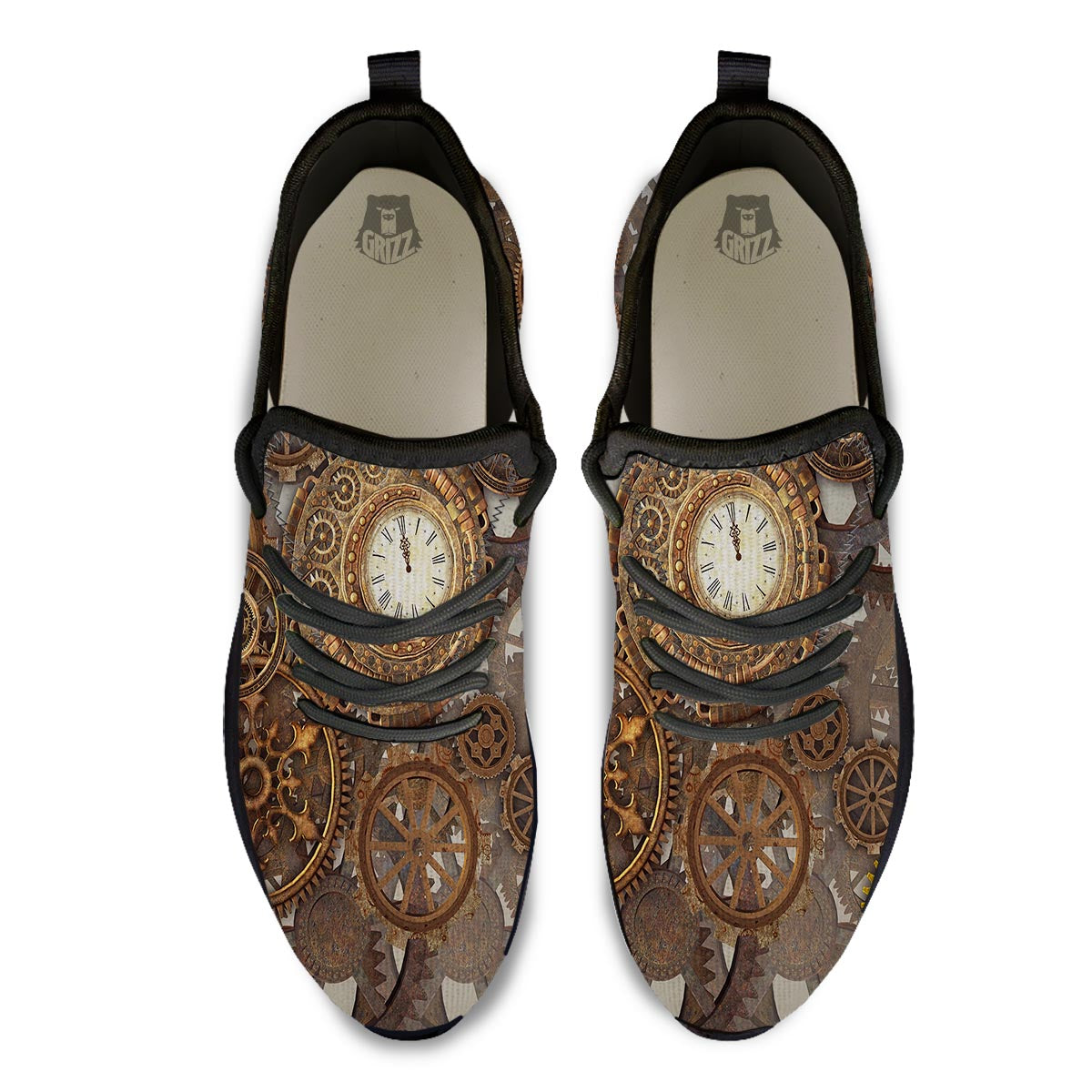 Steampunk Gears Clock Print Black Athletic Shoes-grizzshop
