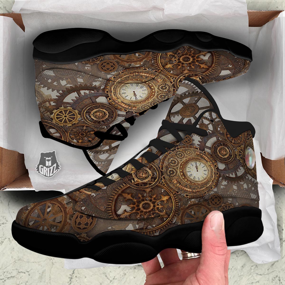 Steampunk Gears Clock Print Black Basketball Shoes-grizzshop
