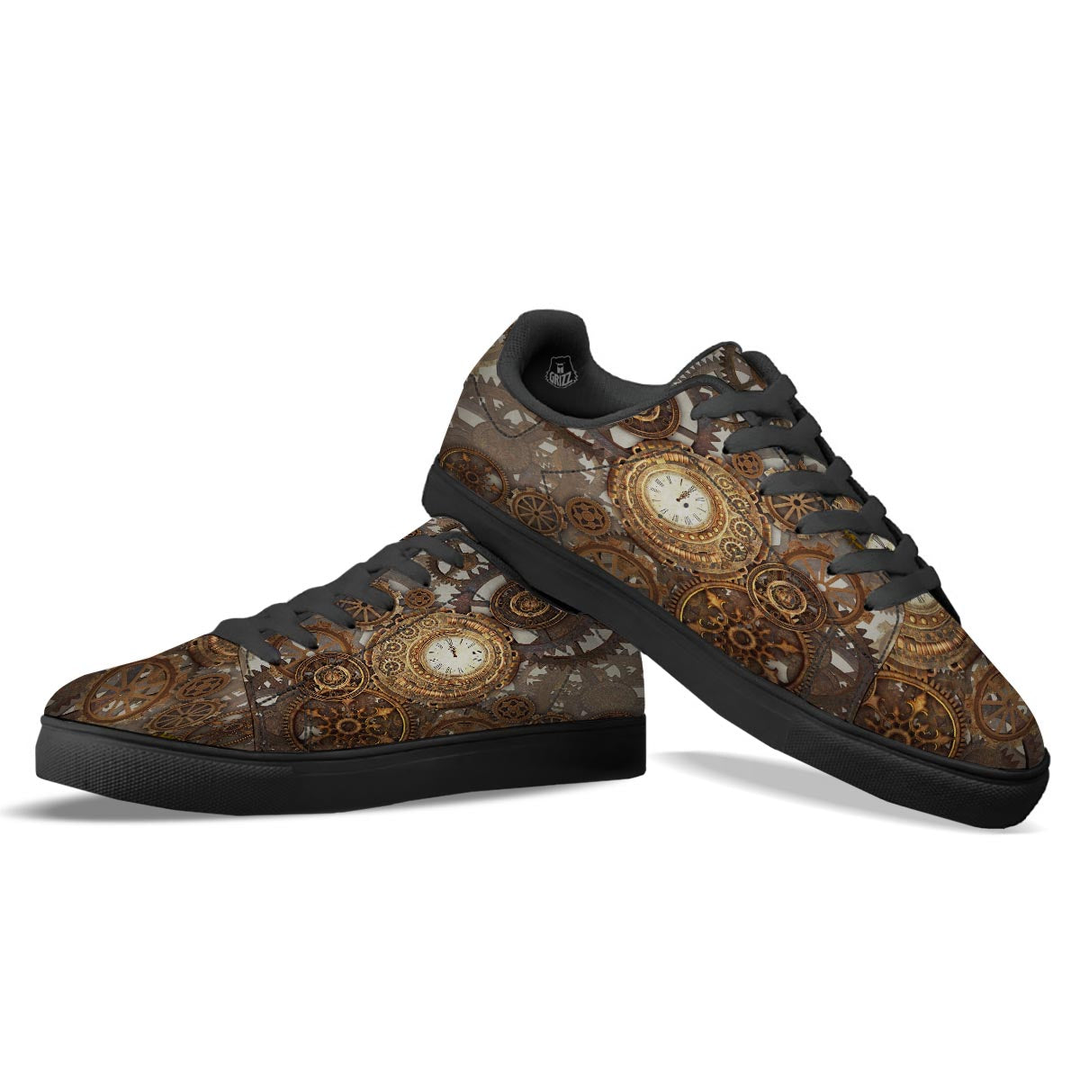 Steampunk Gears Clock Print Black Low Top Sneakers-grizzshop