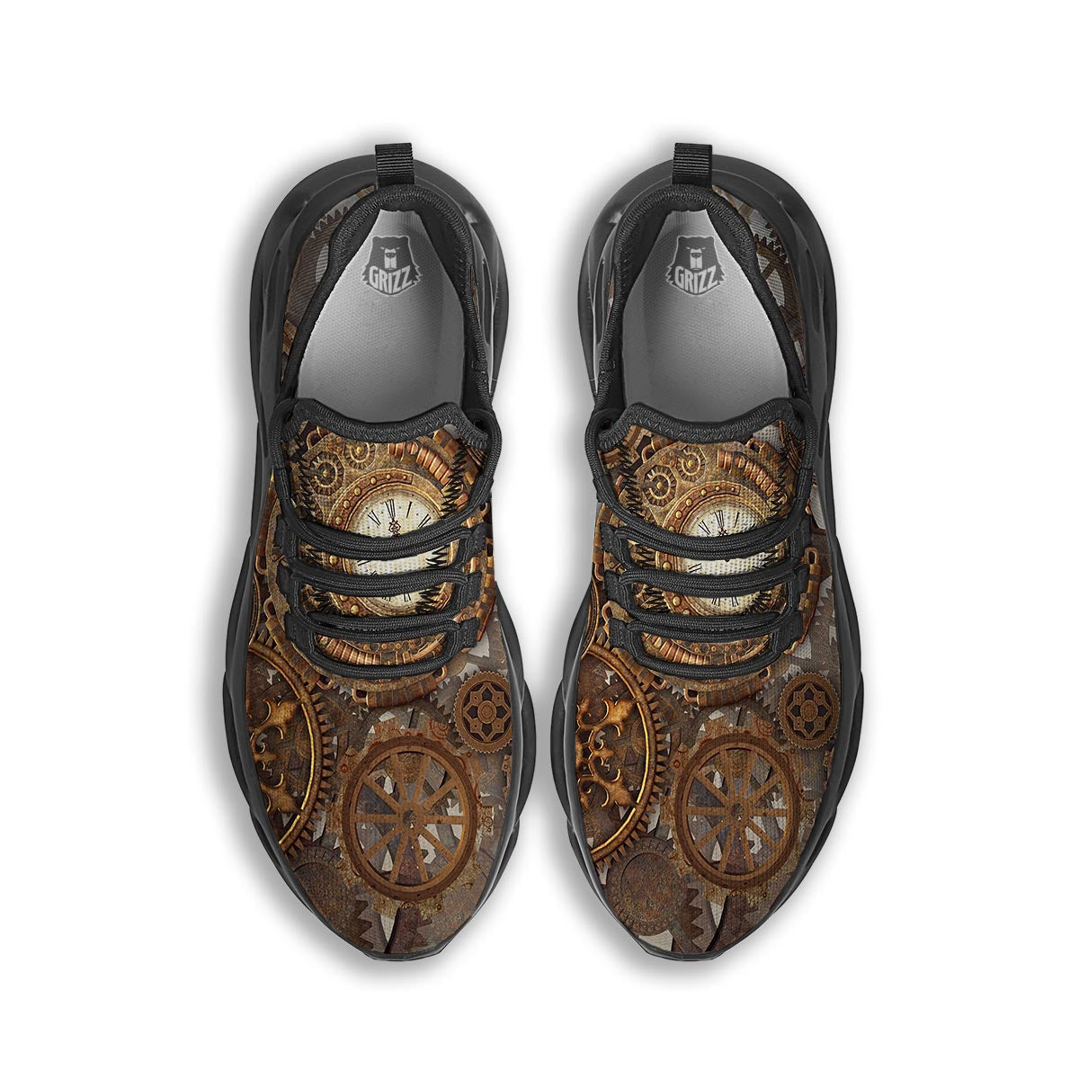 Steampunk Gears Clock Print Black Running Shoes-grizzshop
