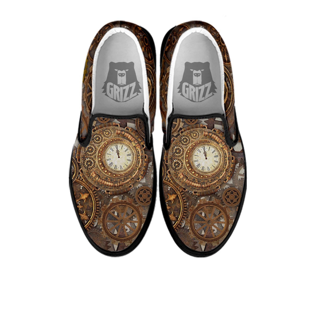 Steampunk Gears Clock Print Black Slip On Shoes-grizzshop