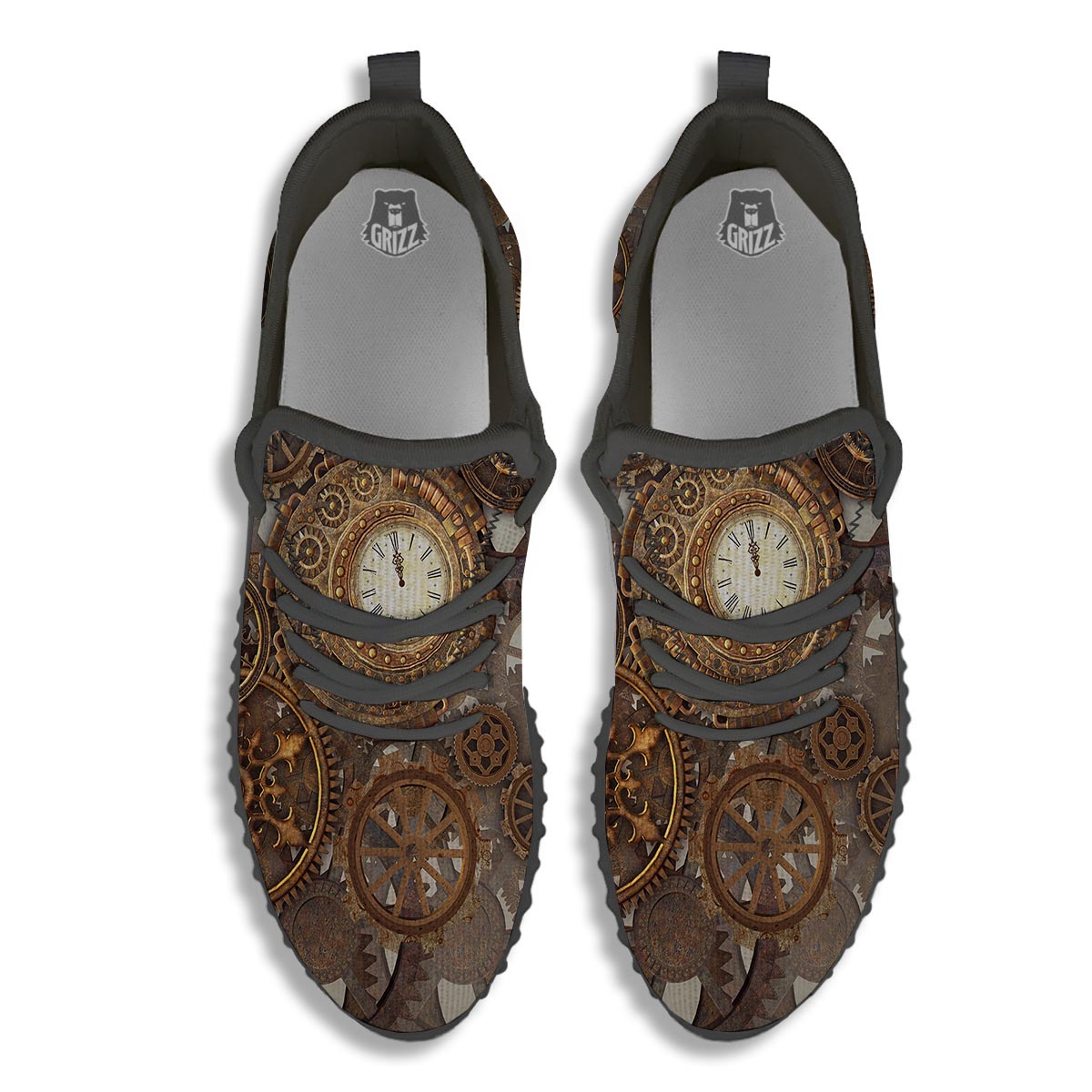 Steampunk Gears Clock Print Black Walking Shoes-grizzshop
