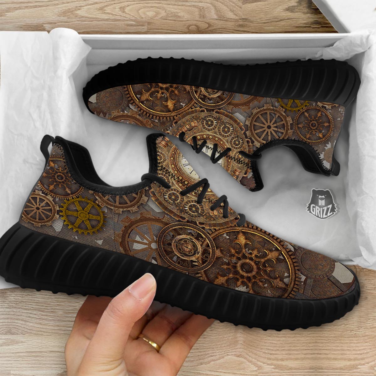 Steampunk Gears Clock Print Black Walking Shoes-grizzshop