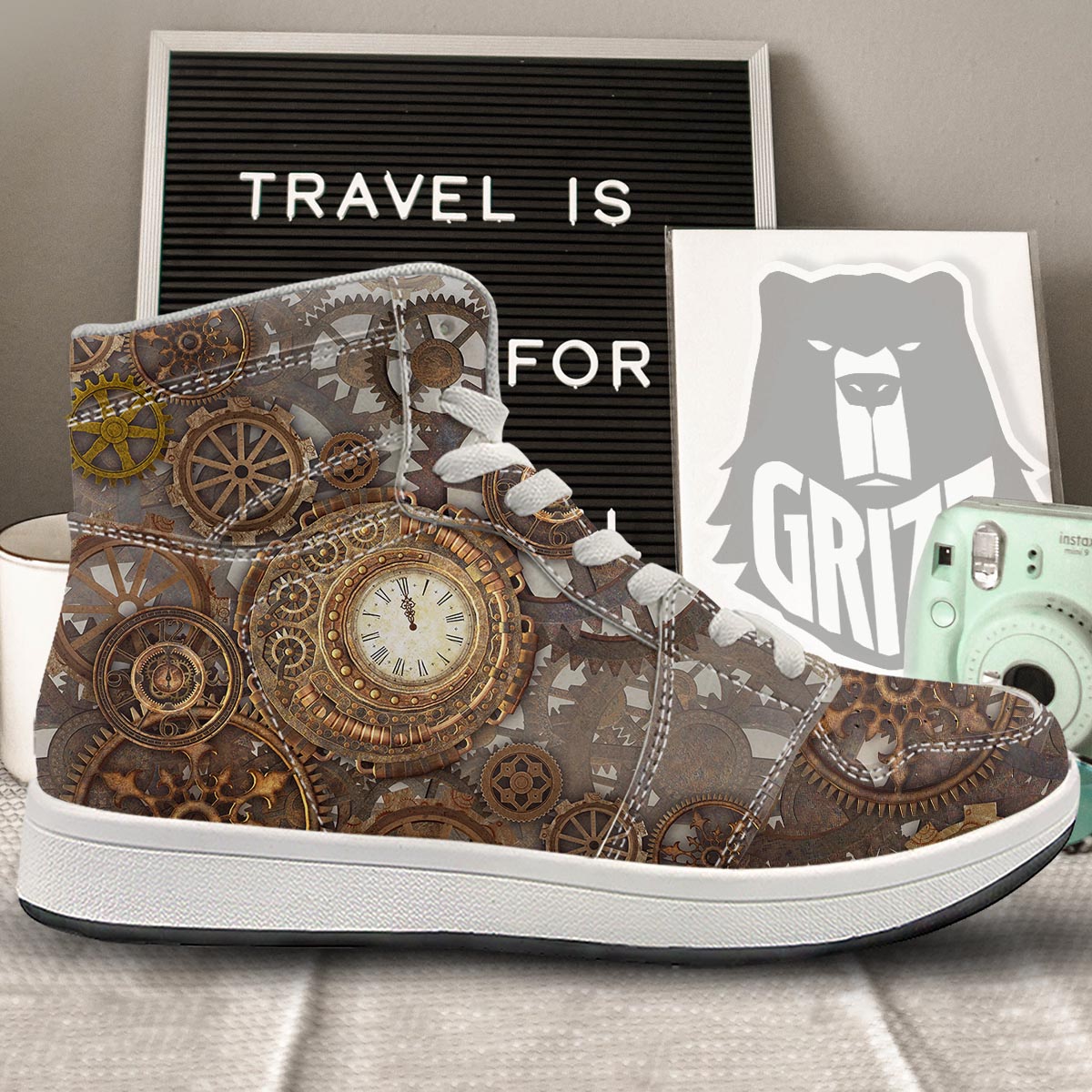 Steampunk Gears Clock Print High Top Sneakers-grizzshop