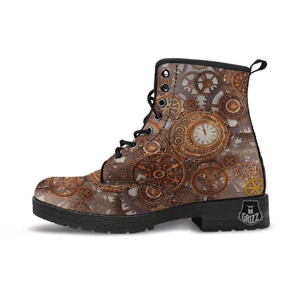 Steampunk Gears Clock Print Leather Boots-grizzshop