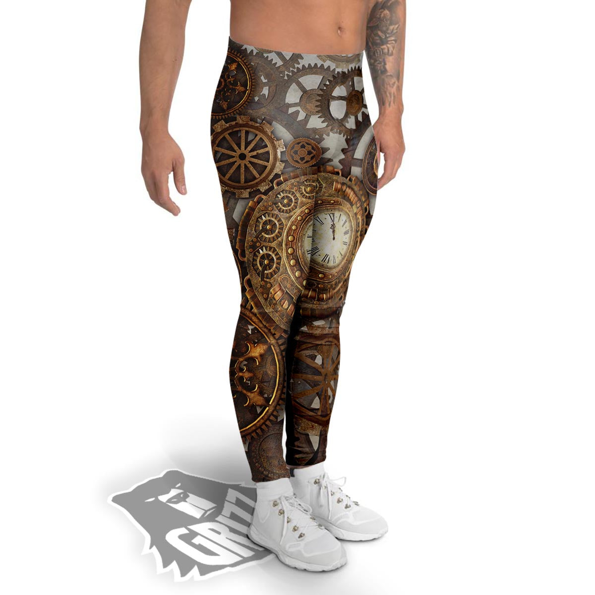 Steampunk Gears Clock Print Men's Leggings-grizzshop
