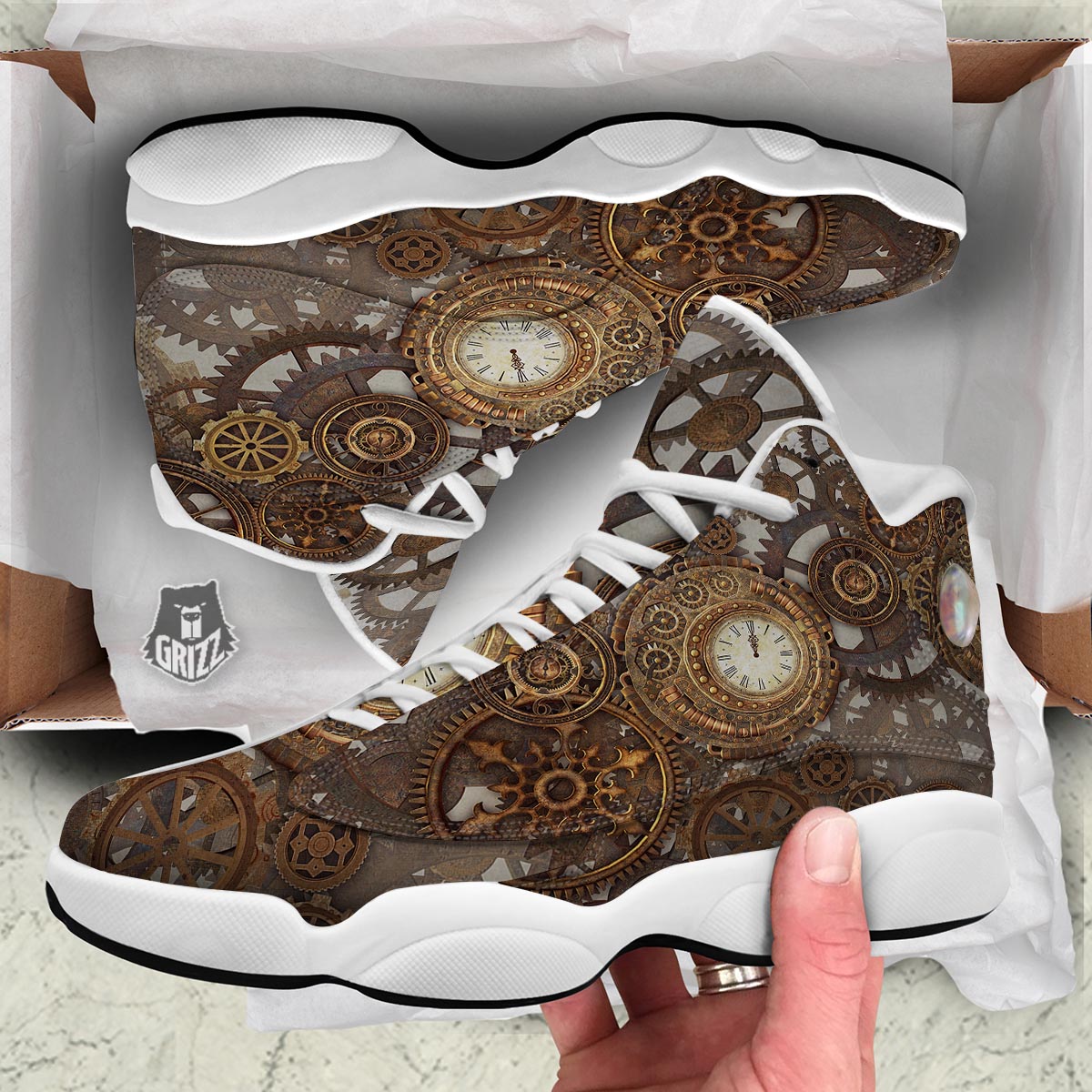 Steampunk Gears Clock Print White Basketball Shoes-grizzshop