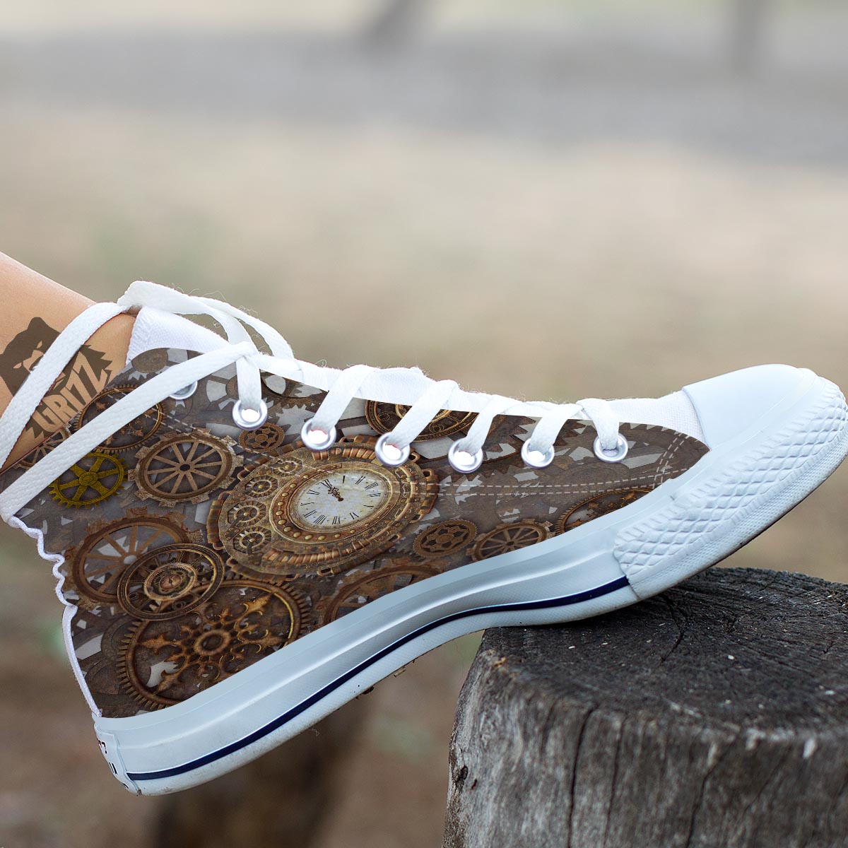 Steampunk Gears Clock Print White High Top Shoes-grizzshop