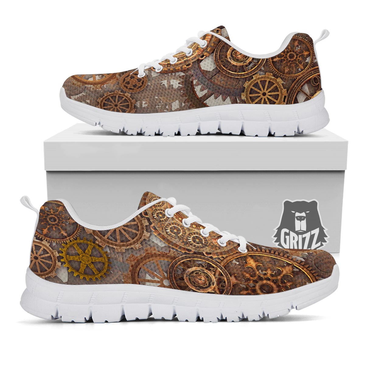Steampunk Gears Clock Print White Sneaker-grizzshop