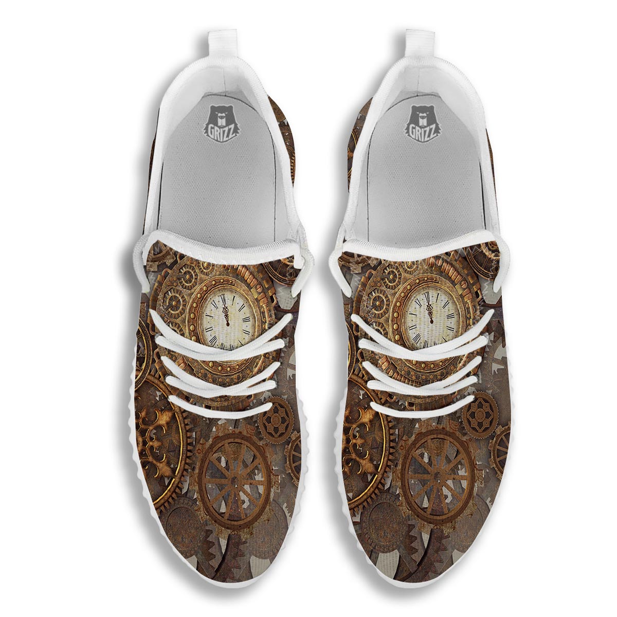 Steampunk Gears Clock Print White Walking Shoes-grizzshop