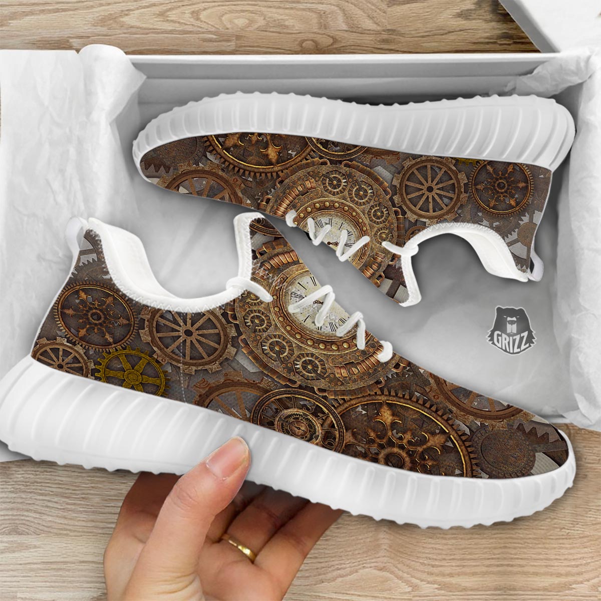 Steampunk Gears Clock Print White Walking Shoes-grizzshop