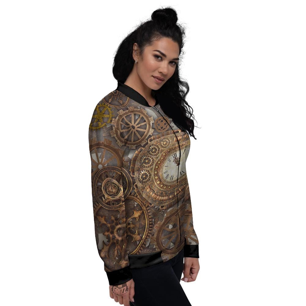 Steampunk Gears Clock Print Women's Bomber Jacket-grizzshop