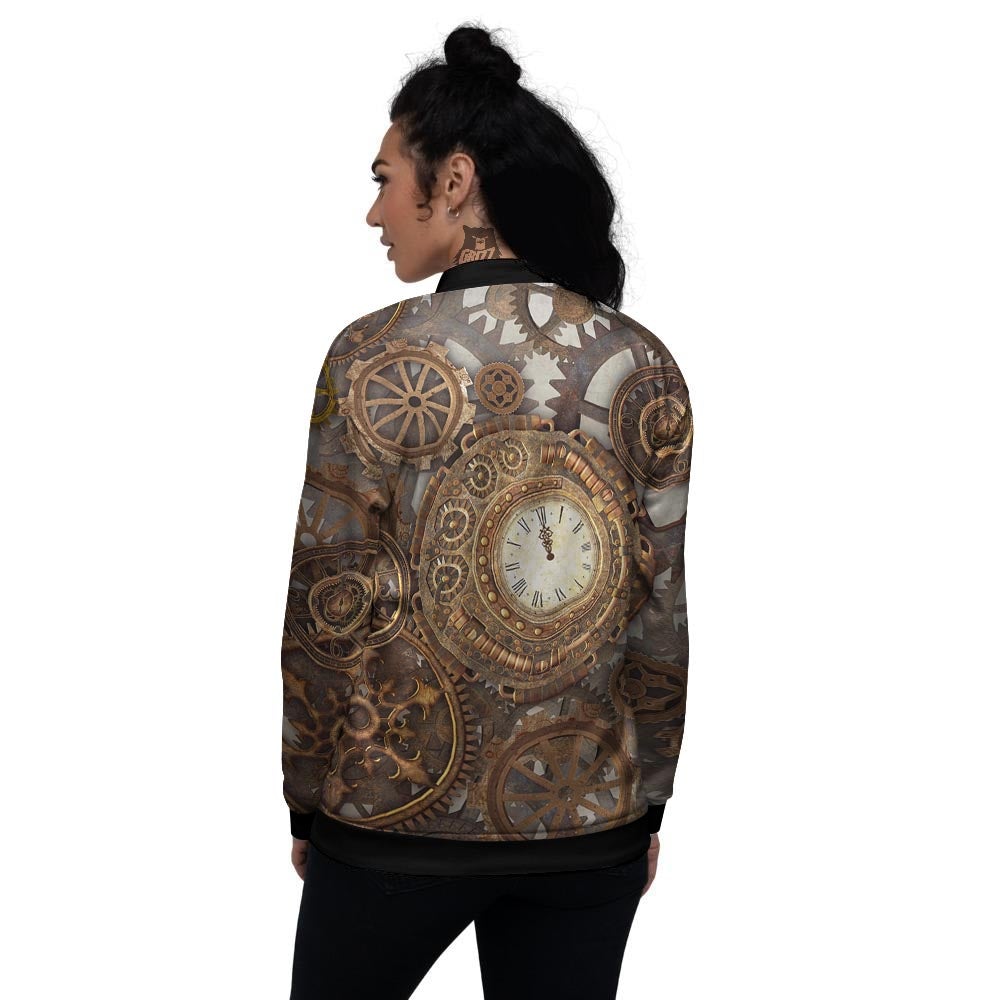 Steampunk Gears Clock Print Women's Bomber Jacket-grizzshop
