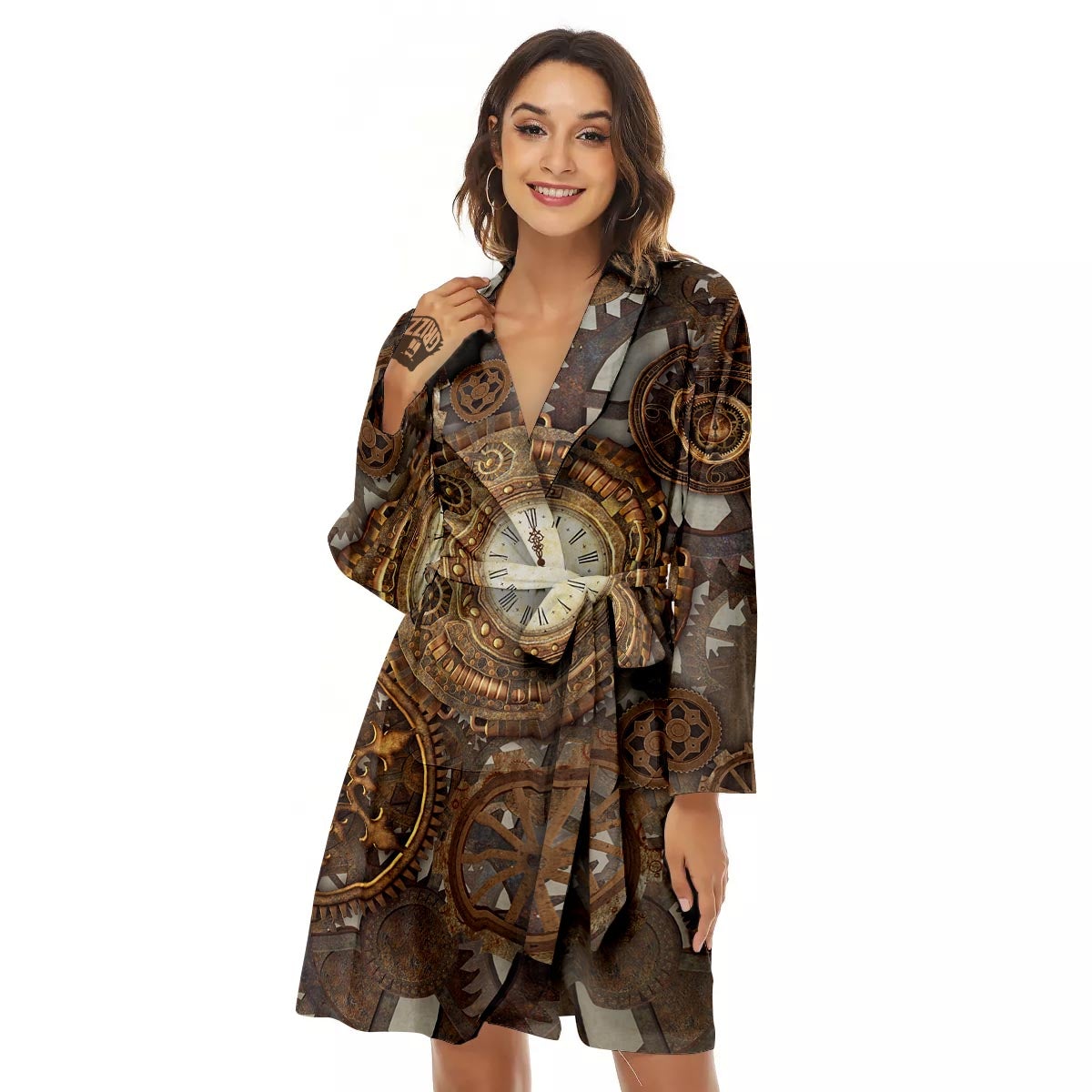 Steampunk Gears Clock Print Women's Robe-grizzshop