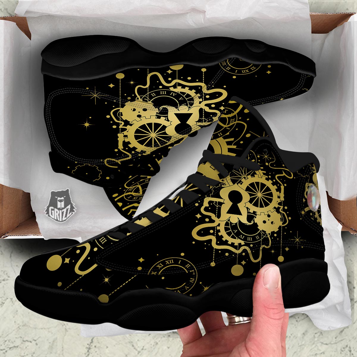 Steampunk Gears Metal Print Black Basketball Shoes-grizzshop