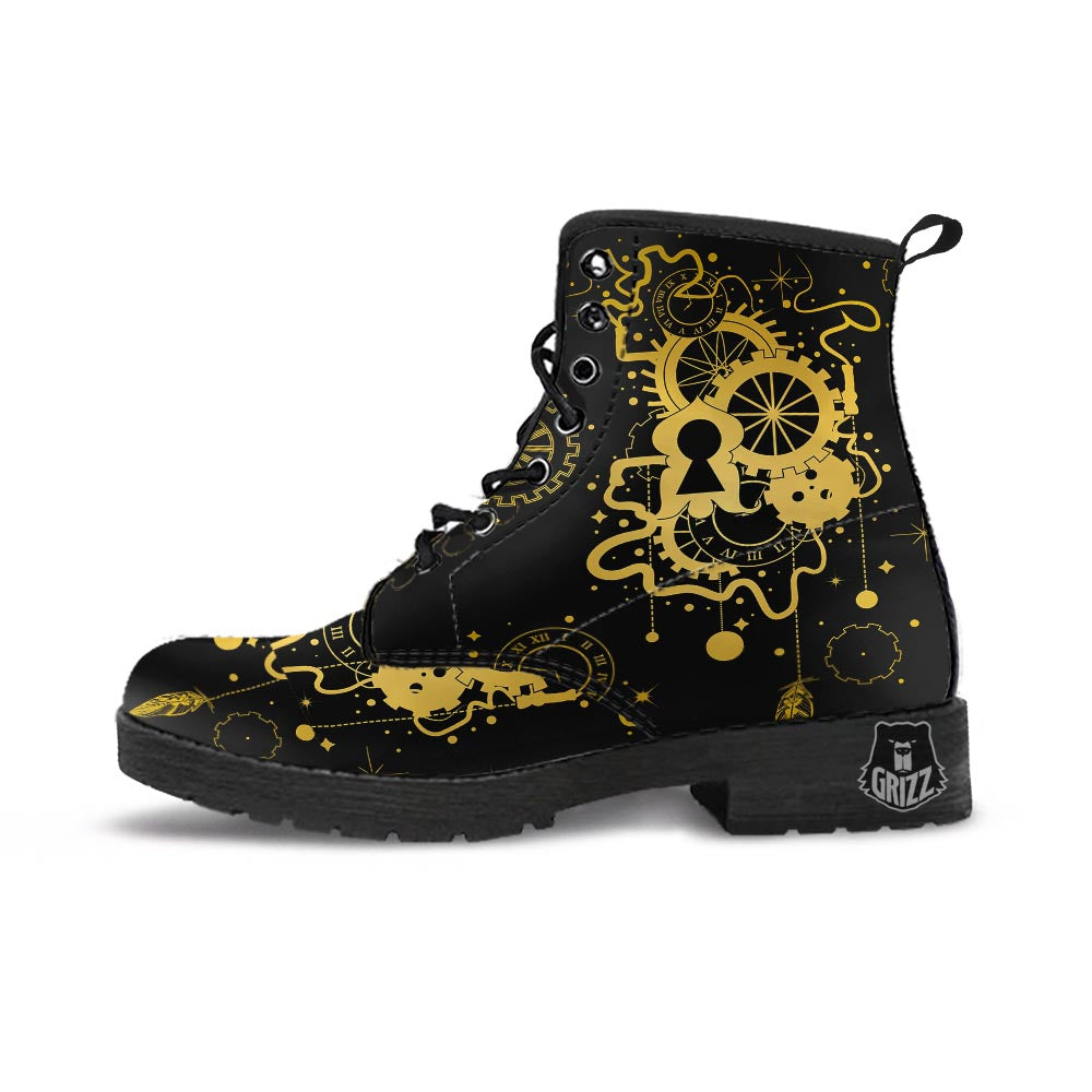 Steampunk Gears Metal Print Leather Boots-grizzshop