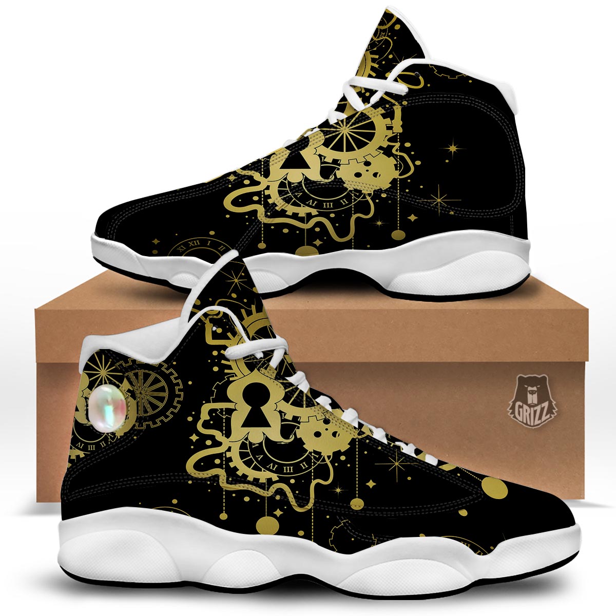 Steampunk Gears Metal Print White Basketball Shoes-grizzshop