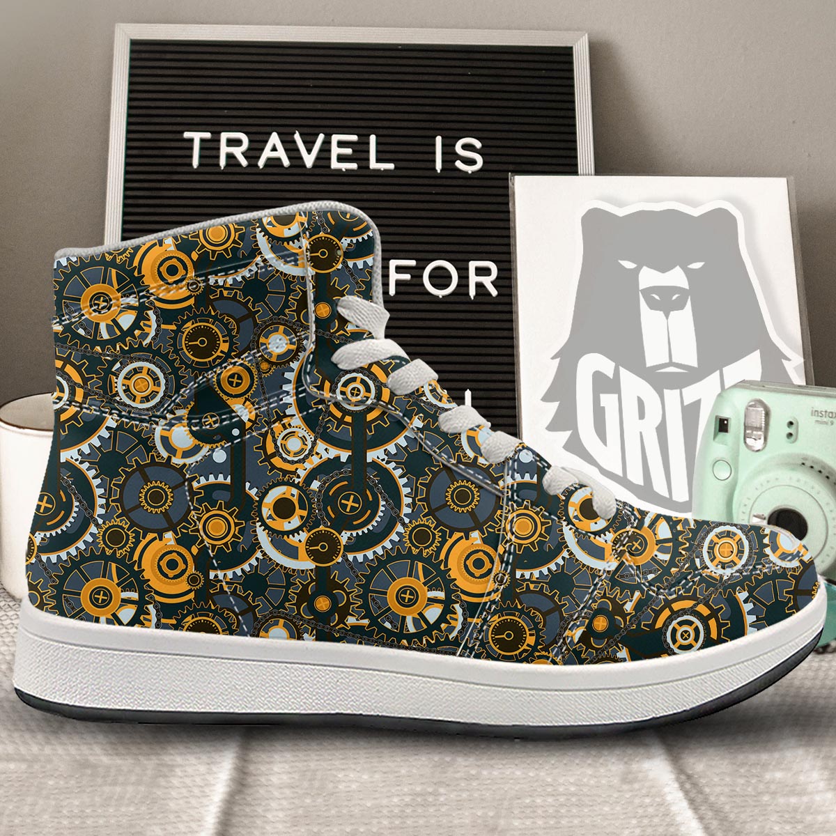 Steampunk Gears Print Pattern High Top Sneakers-grizzshop
