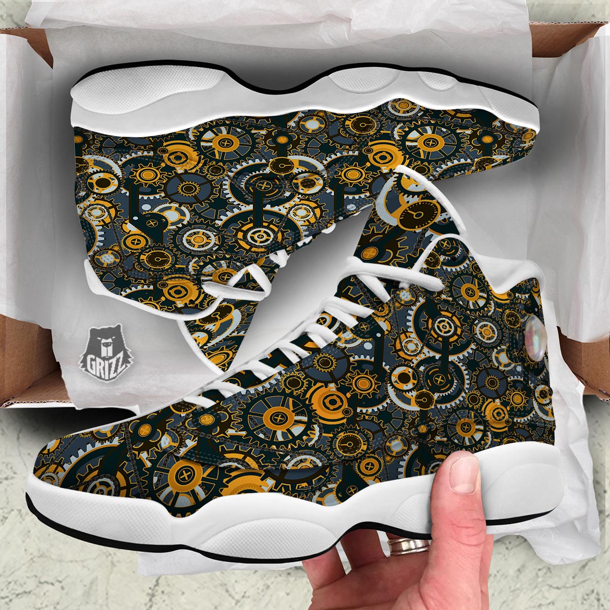 Steampunk Gears Print Pattern White Basketball Shoes-grizzshop