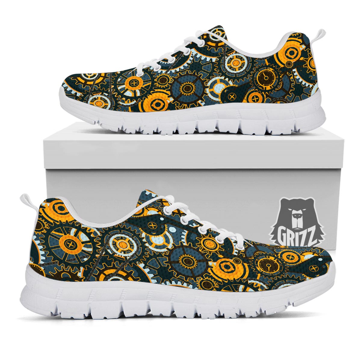 Steampunk Gears Print Pattern White Sneaker-grizzshop