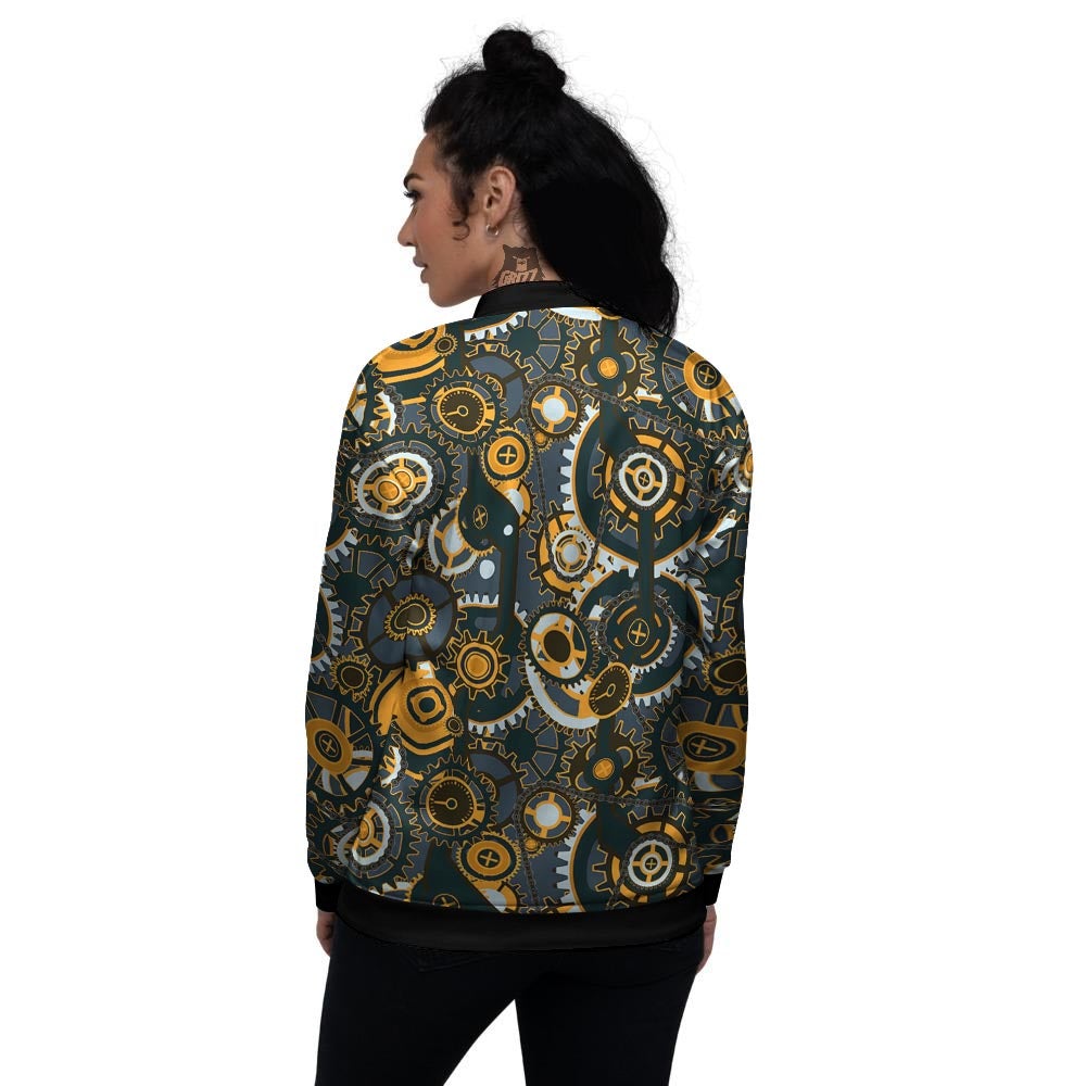 Steampunk Gears Print Pattern Women's Bomber Jacket-grizzshop