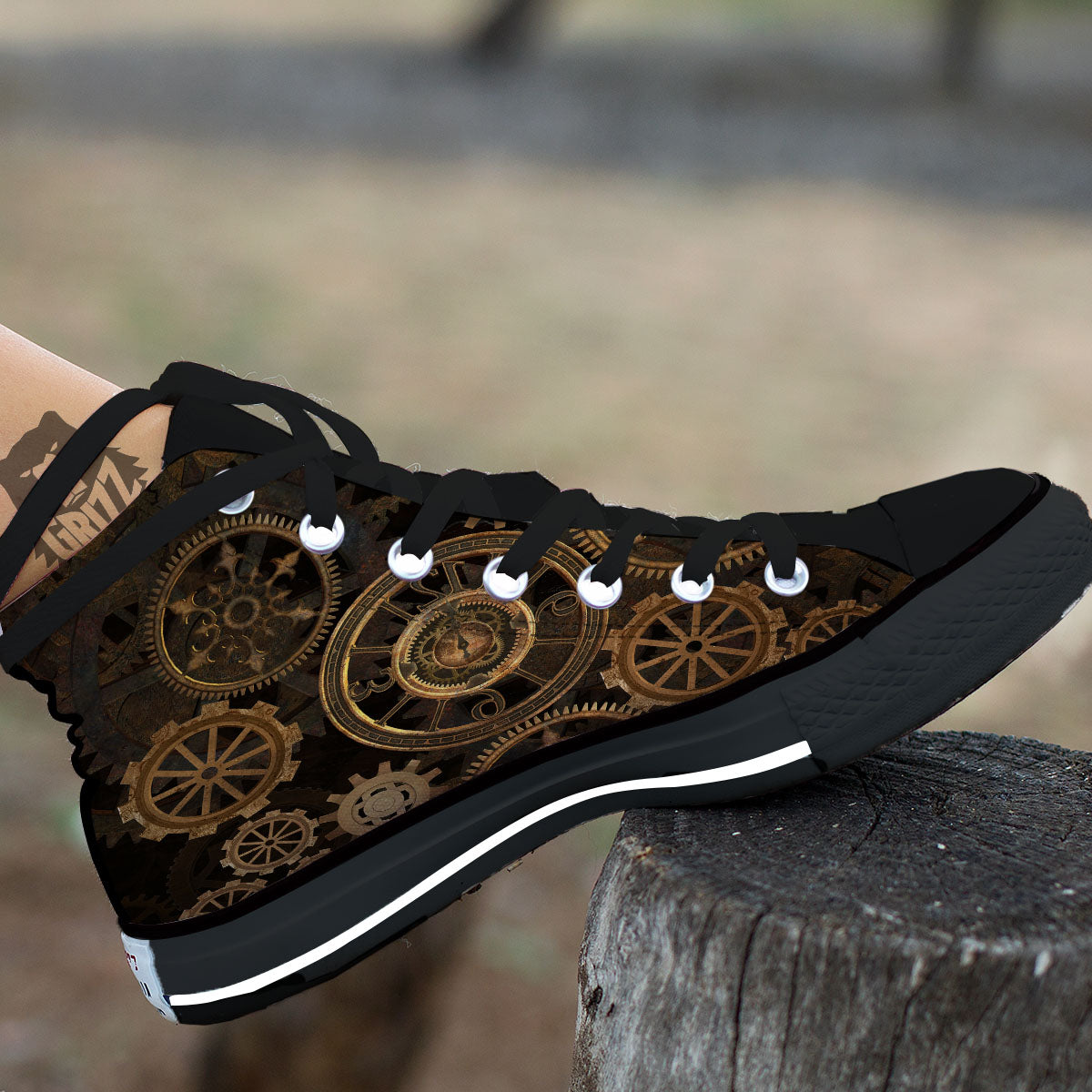 Steampunk Gears Vintage Print Black High Top Shoes-grizzshop