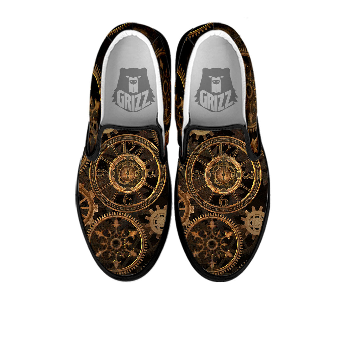 Steampunk Gears Vintage Print Black Slip On Shoes-grizzshop