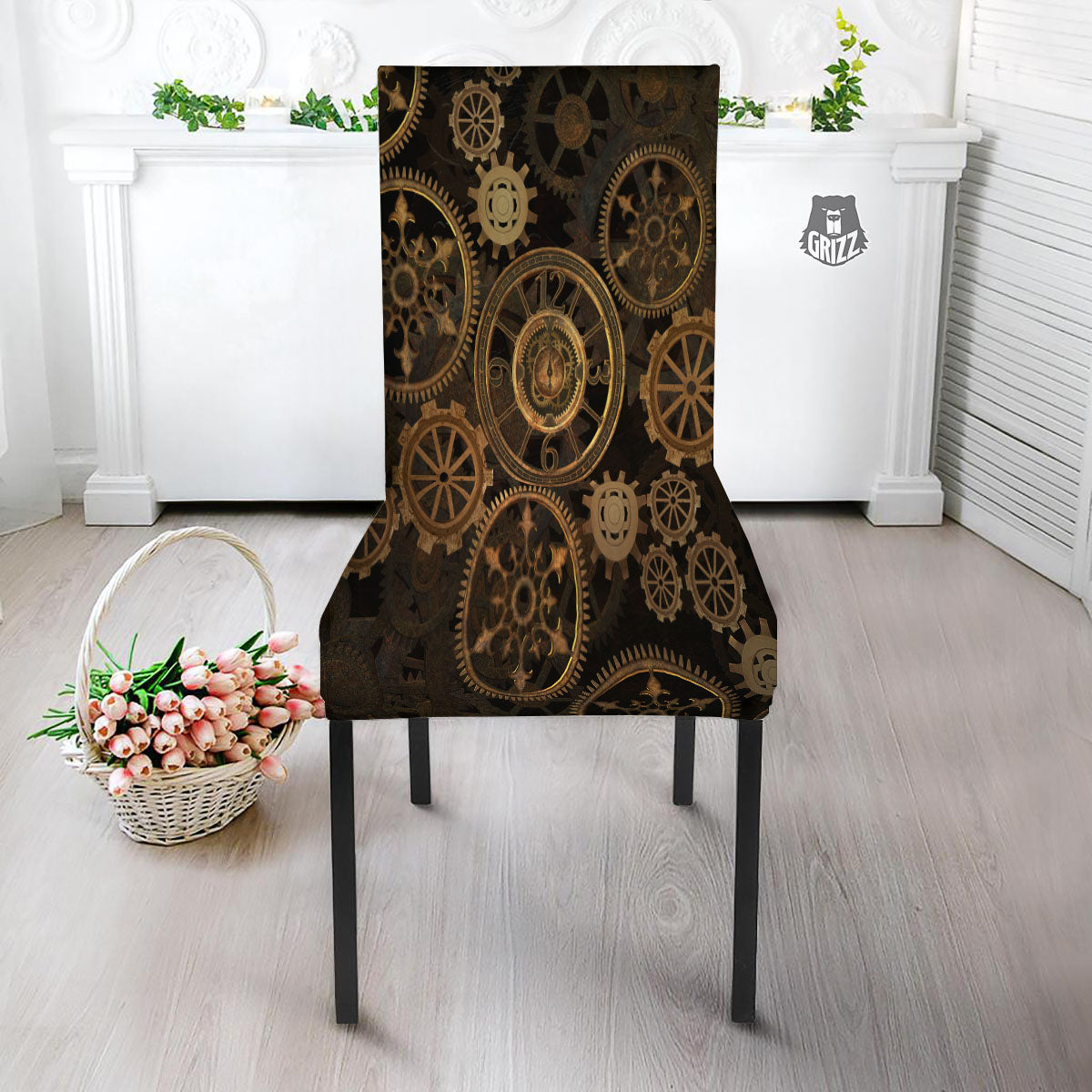 Steampunk Gears Vintage Print Dining Chair Slipcover-grizzshop