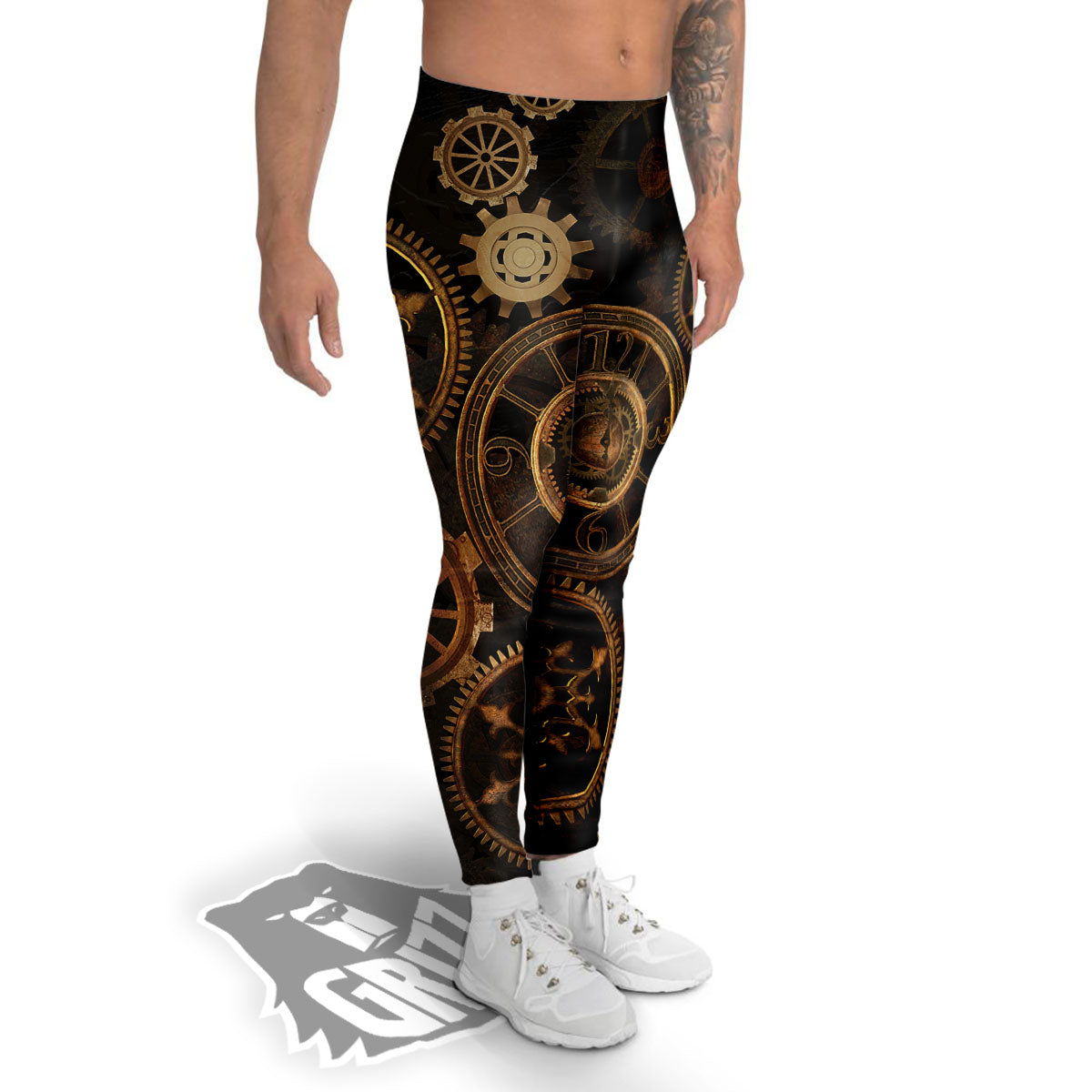 Steampunk Gears Vintage Print Men's Leggings-grizzshop