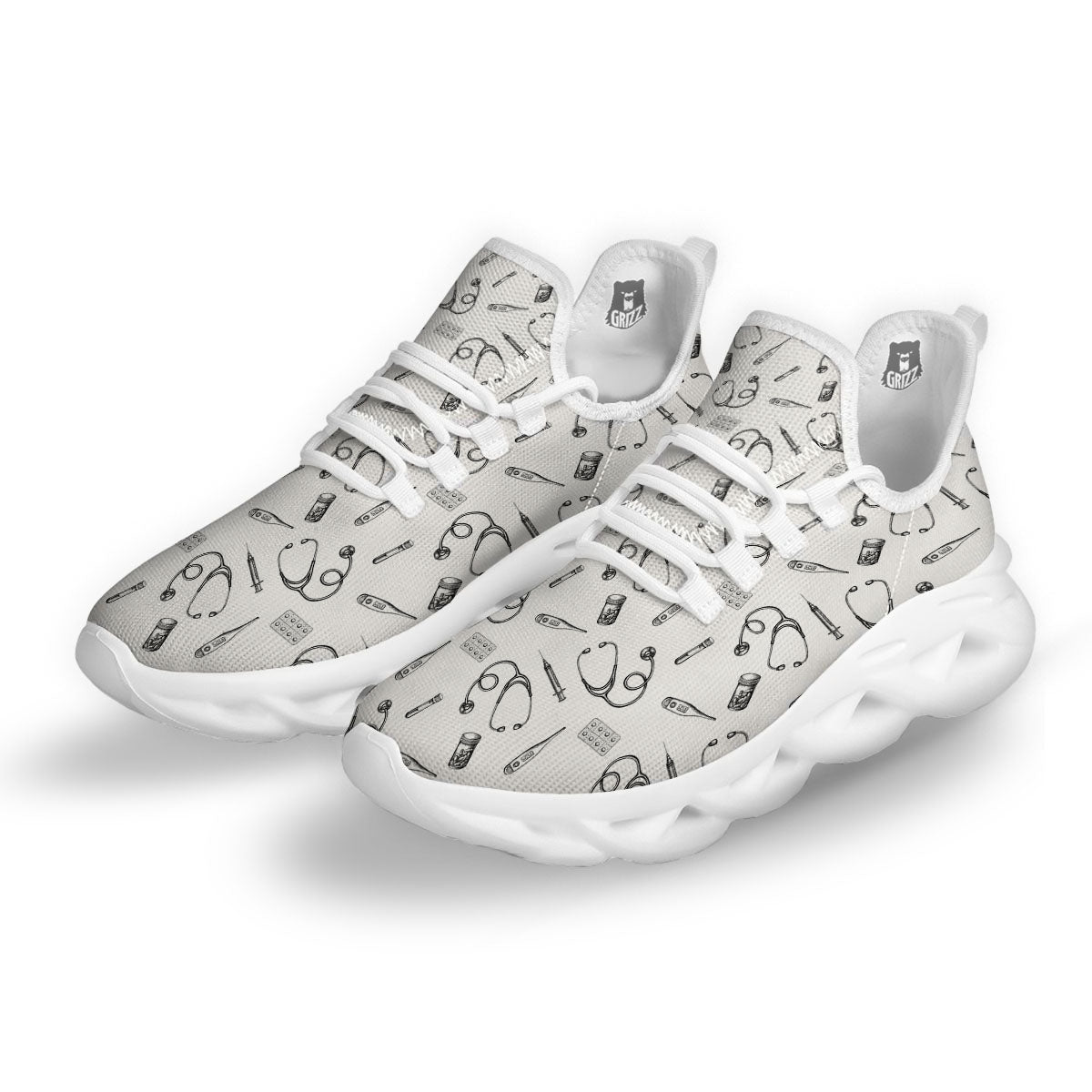 Stethoscope White And Black Print Pattern White Running Shoes-grizzshop