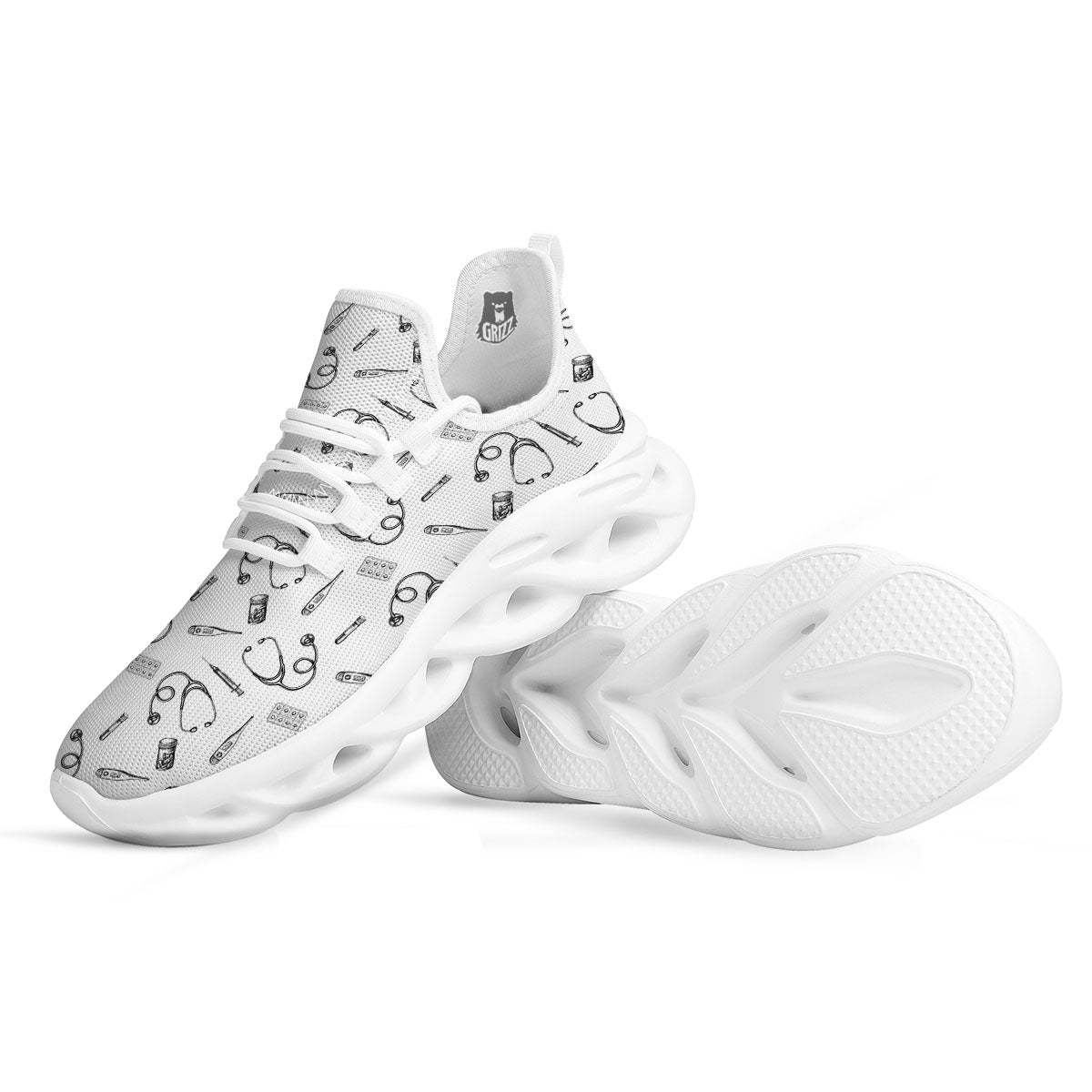Stethoscope White And Black Print Pattern White Running Shoes-grizzshop