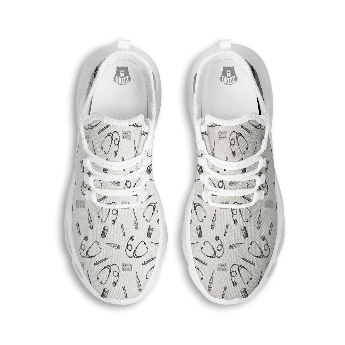 Stethoscope White And Black Print Pattern White Running Shoes-grizzshop