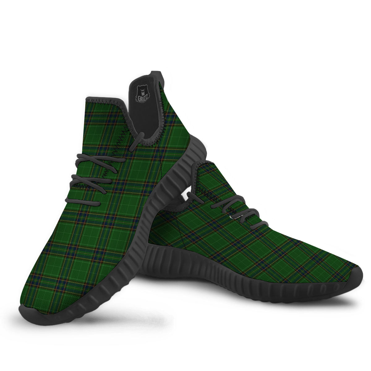 Stewart Tartan Blue And Green Print Black Walking Shoes-grizzshop