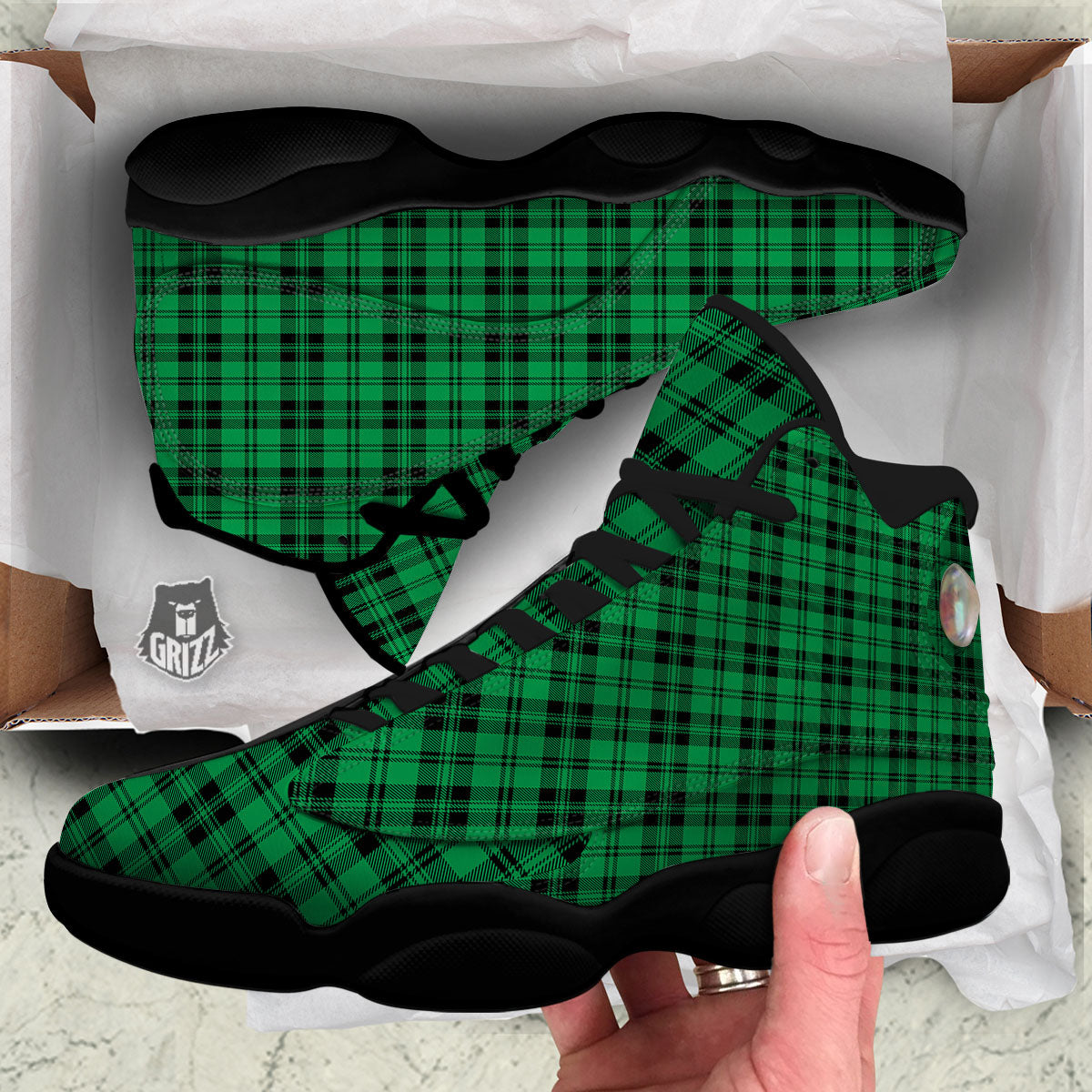 Stewart Tartan Green And Black Print Black Basketball Shoes-grizzshop