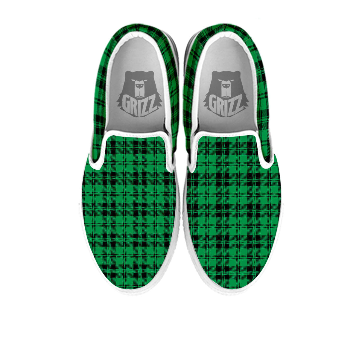 Stewart Tartan Green And Black Print White Slip On Shoes-grizzshop