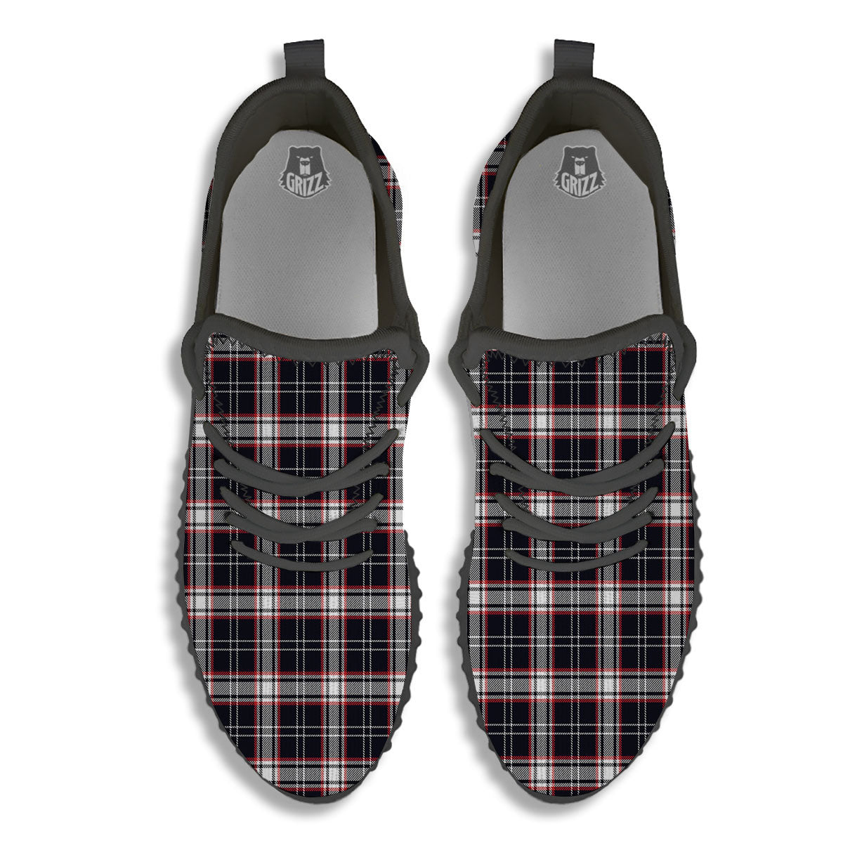 Stewart Tartan Red And Black Print Black Walking Shoes-grizzshop