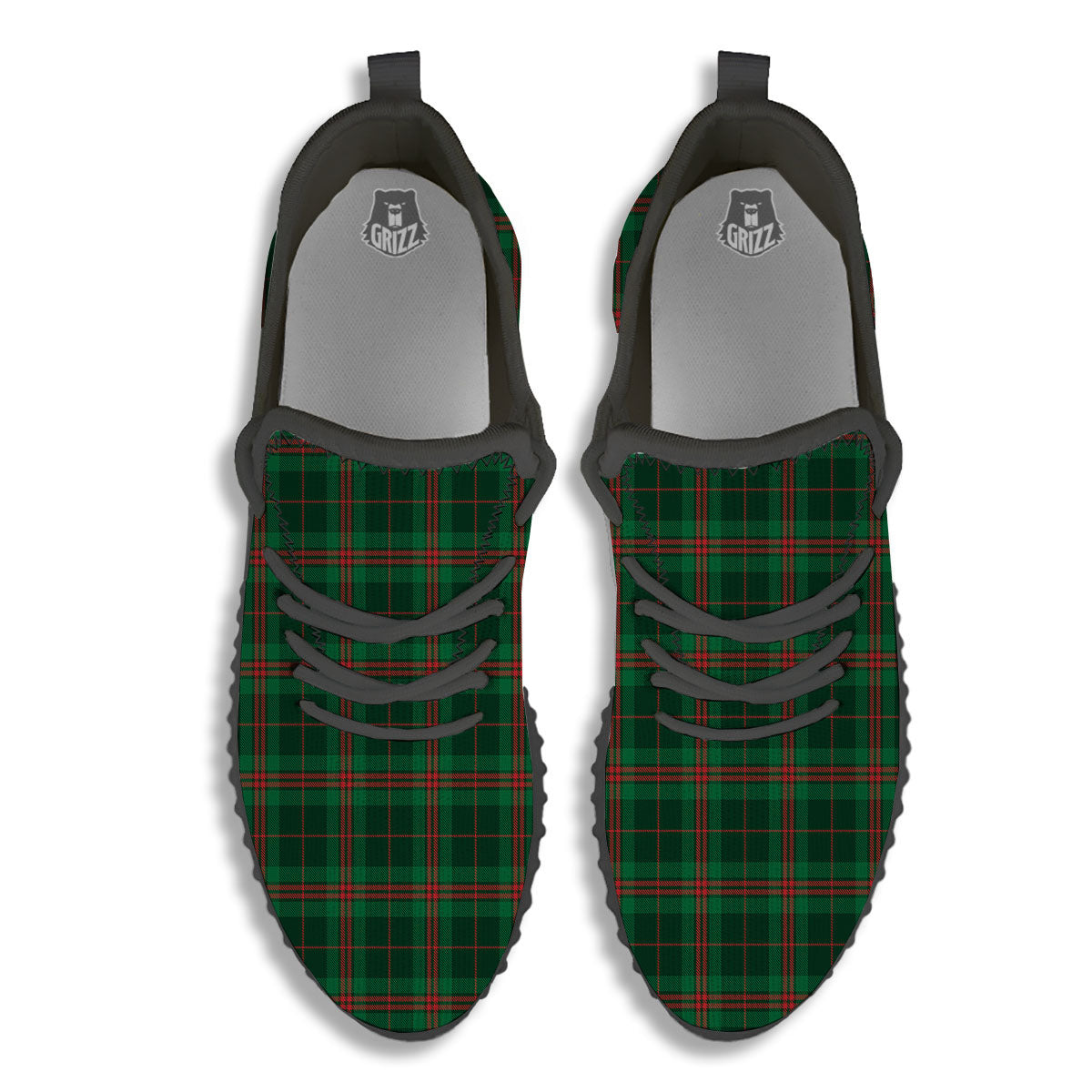 Stewart Tartan Red And Green Print Black Walking Shoes-grizzshop
