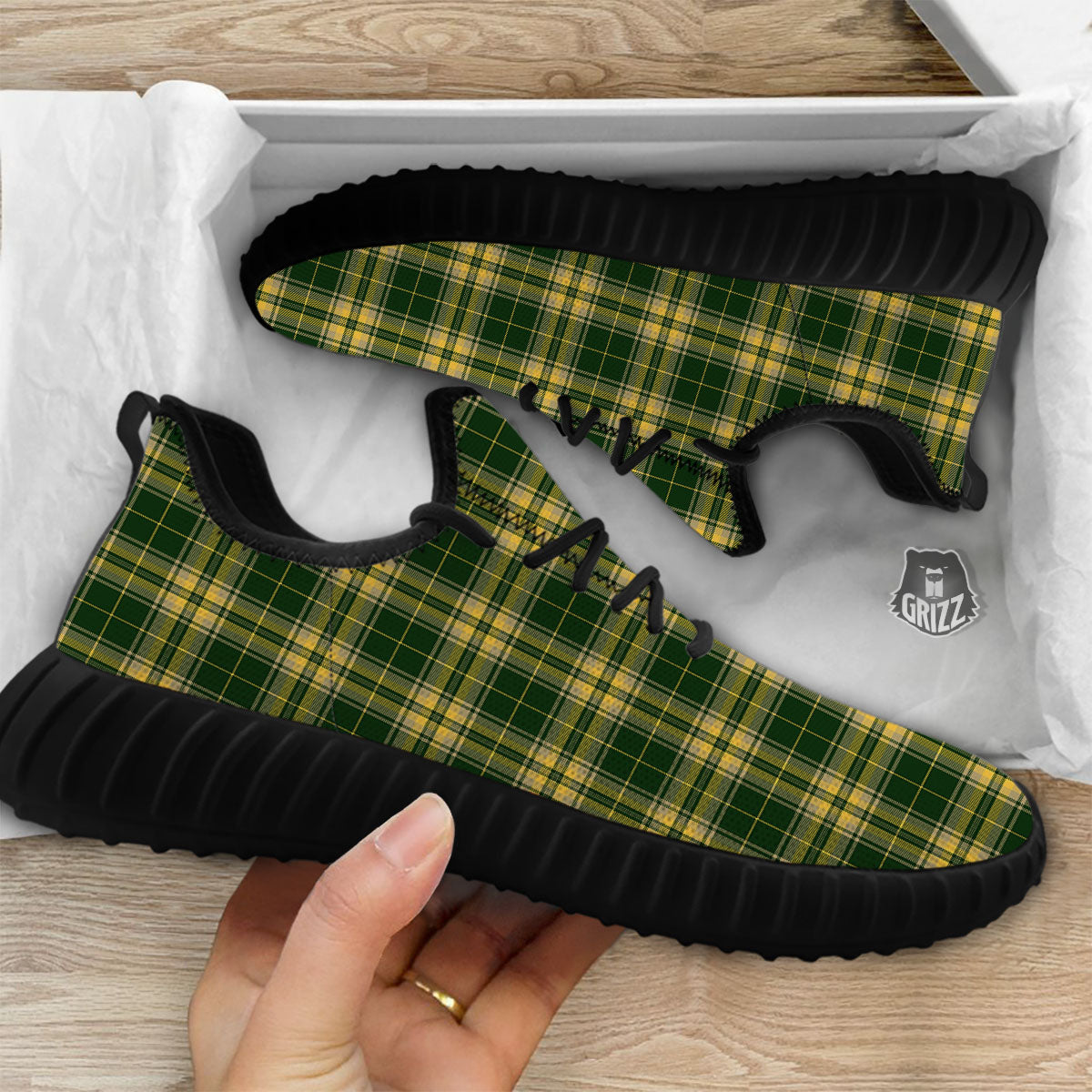 Stewart Tartan Yellow And Green Print Black Walking Shoes-grizzshop