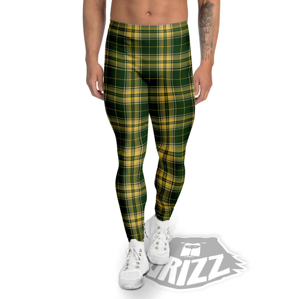 Stewart Tartan Yellow And Green Print Men's Leggings-grizzshop