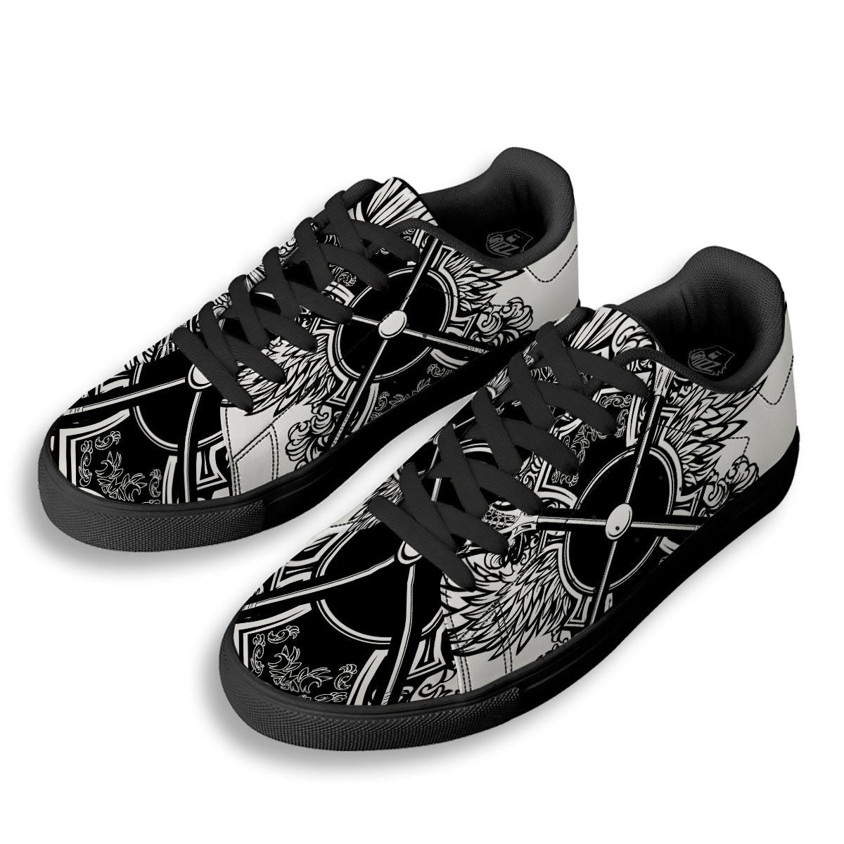 Sticks Lacrosse Ornate Wing Print Black Low Top Sneakers-grizzshop