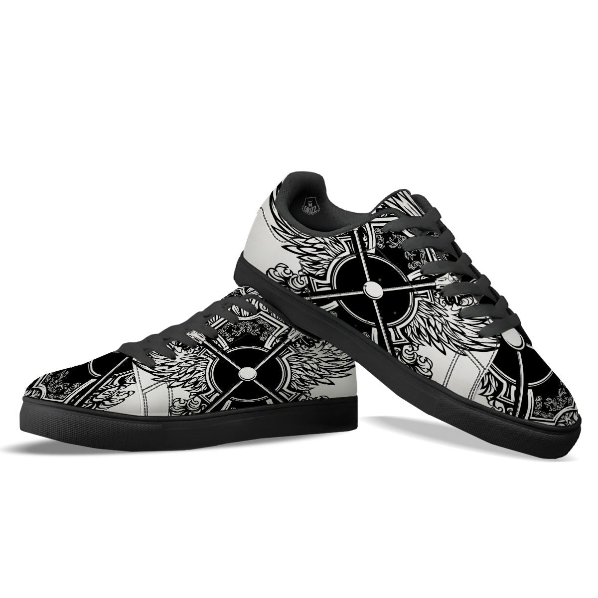 Sticks Lacrosse Ornate Wing Print Black Low Top Sneakers-grizzshop