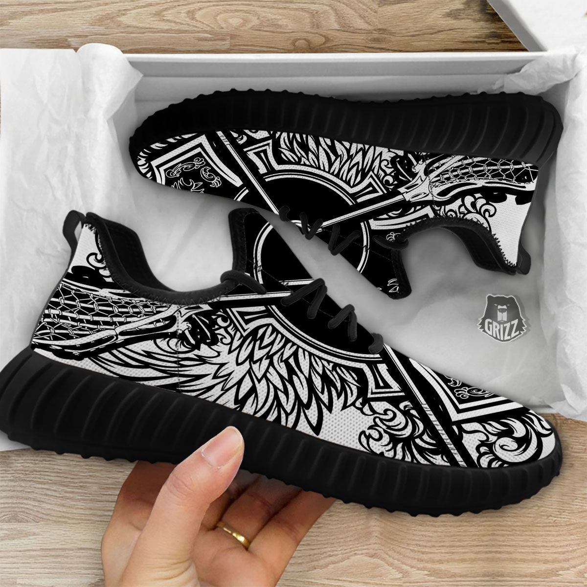 Sticks Lacrosse Ornate Wing Print Black Walking Shoes-grizzshop