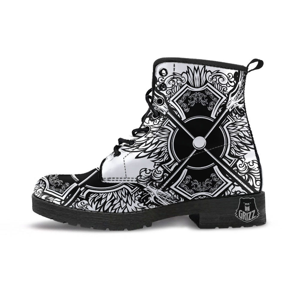 Sticks Lacrosse Ornate Wing Print Leather Boots-grizzshop