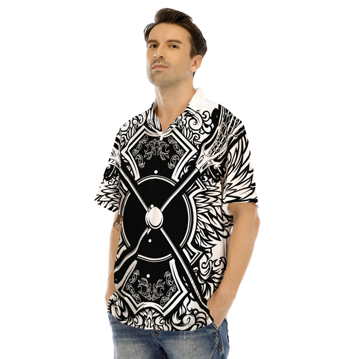 Sticks Lacrosse Ornate Wing Print Men's Hawaiian Shirt-grizzshop