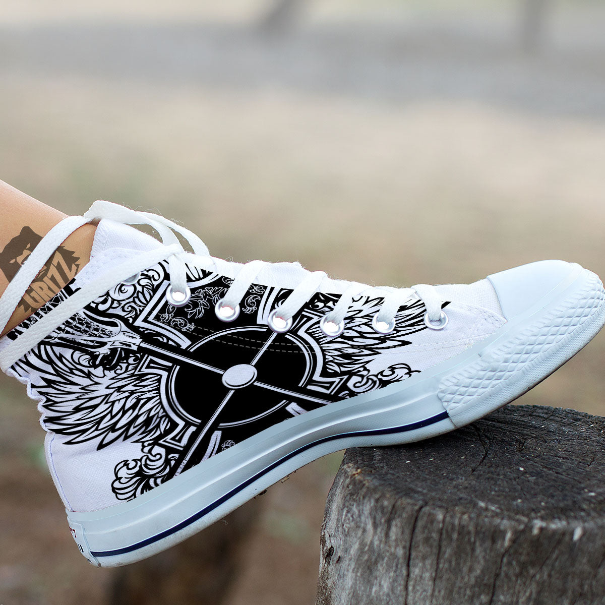 Sticks Lacrosse Ornate Wing Print White High Top Shoes-grizzshop