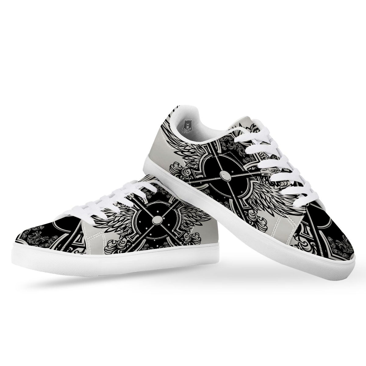 Sticks Lacrosse Ornate Wing Print White Low Top Sneakers-grizzshop