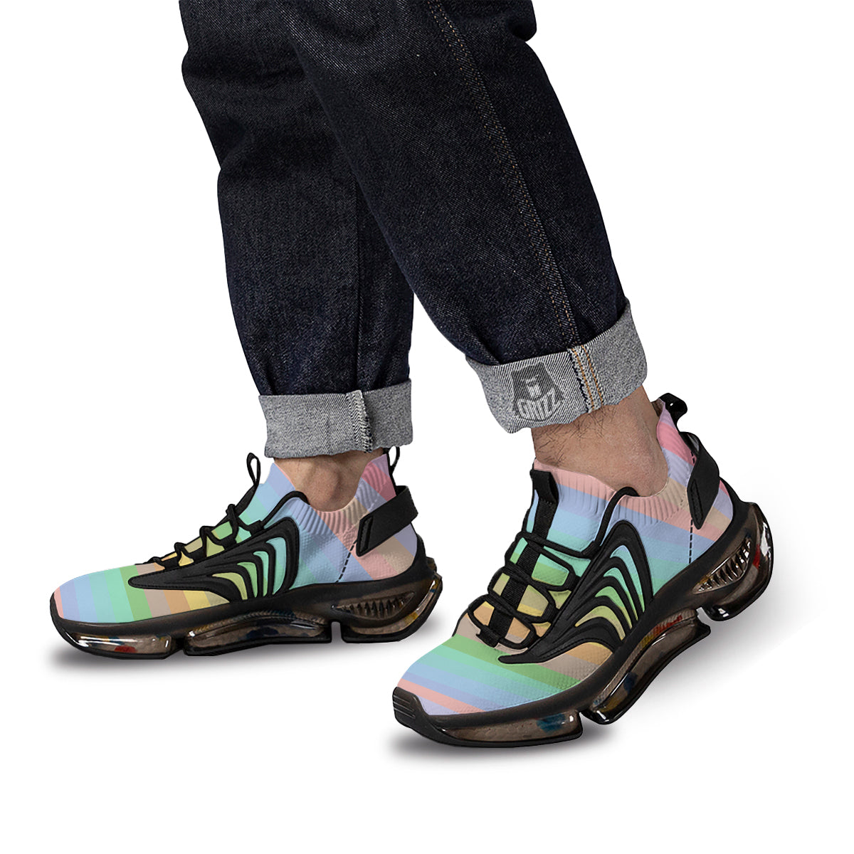 Stiped Rainbow Pastel Print Black Gym Shoes-grizzshop