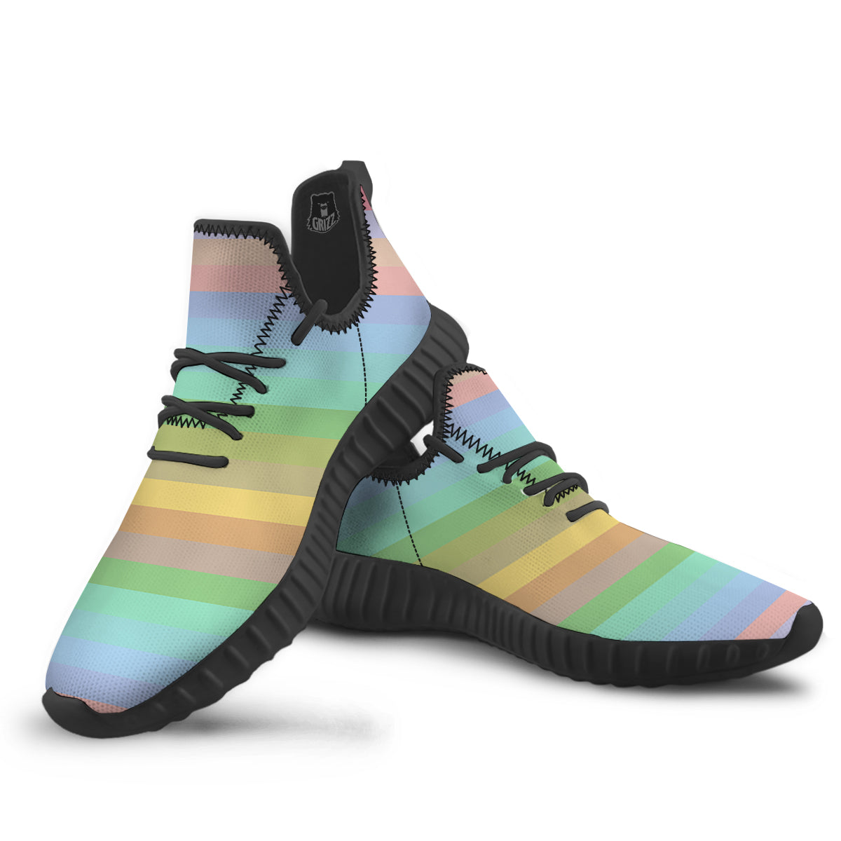 Stiped Rainbow Pastel Print Black Walking Shoes-grizzshop