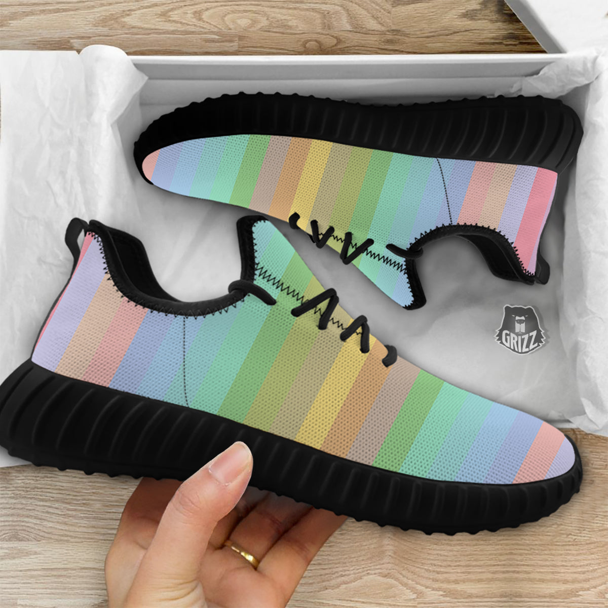 Stiped Rainbow Pastel Print Black Walking Shoes-grizzshop